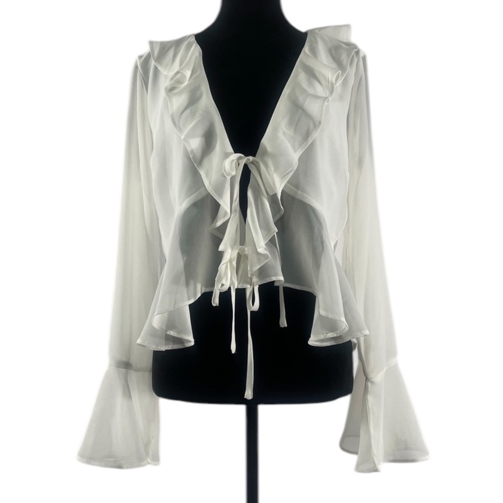 Lulus White Chiffon Ruffled Long Sleeve Tie-Front Top,Large, NWT - Picture 8 of 10